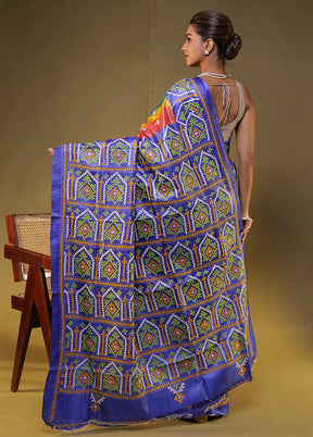 Blue Handloom Kantha Stitch Pure Silk Saree With Blouse Piece