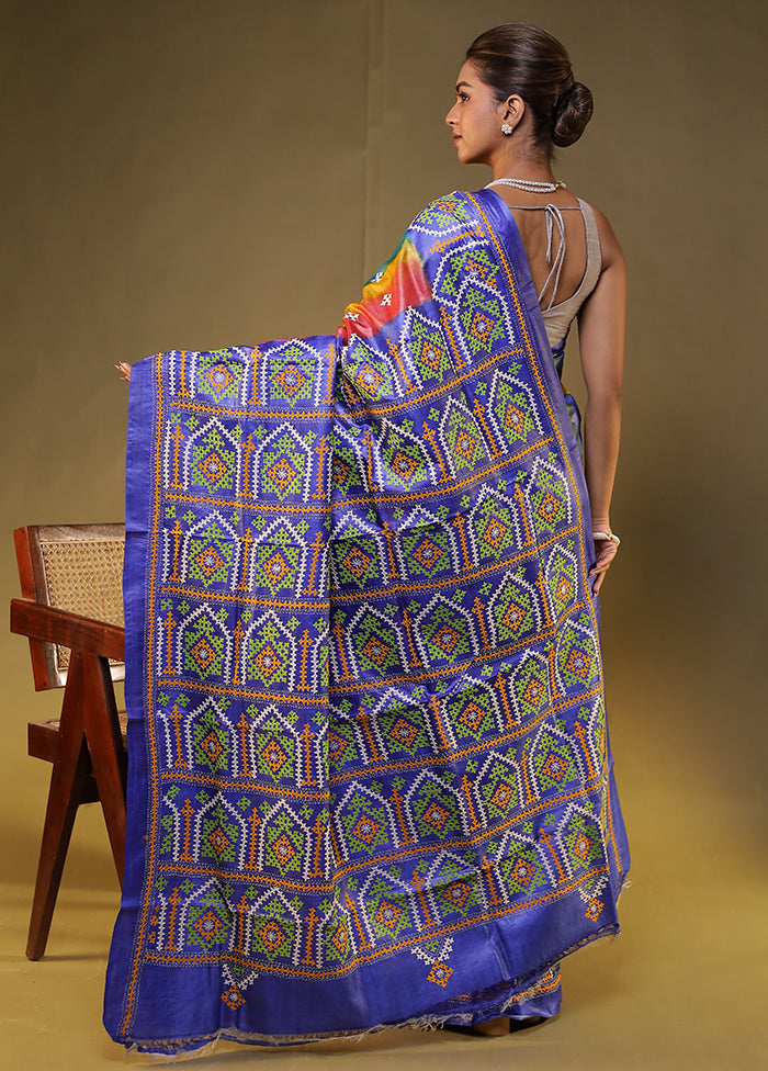 Blue Handloom Kantha Stitch Pure Silk Saree With Blouse Piece