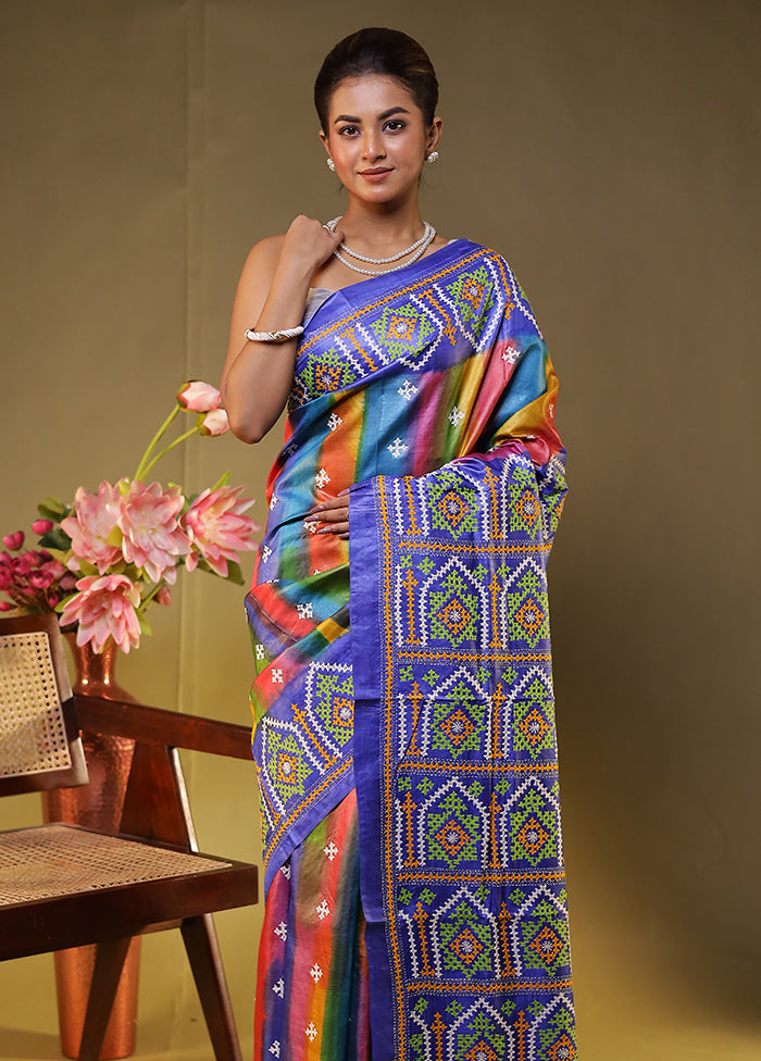 Blue Handloom Kantha Stitch Pure Silk Saree With Blouse Piece
