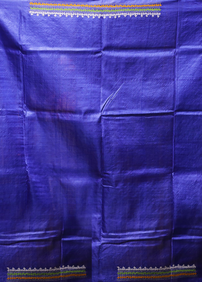 Blue Handloom Kantha Stitch Pure Silk Saree With Blouse Piece