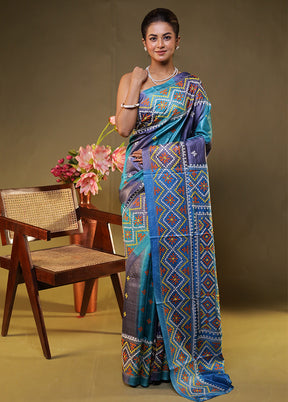 Blue Handloom Kantha Stitch Pure Silk Saree With Blouse Piece