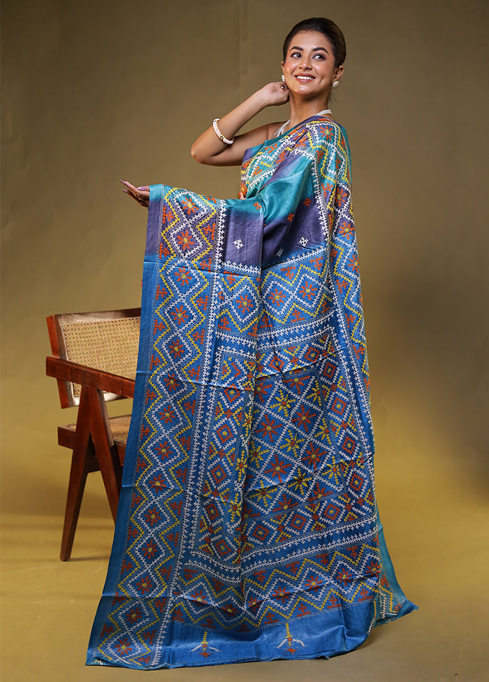 Blue Handloom Kantha Stitch Pure Silk Saree With Blouse Piece