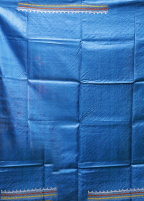 Blue Handloom Kantha Stitch Pure Silk Saree With Blouse Piece