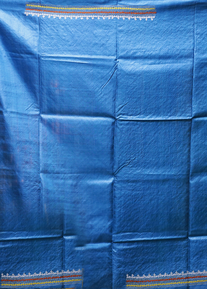 Blue Handloom Kantha Stitch Pure Silk Saree With Blouse Piece