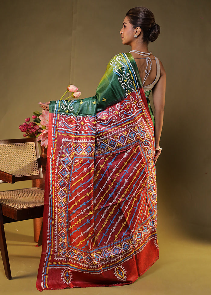 Maroon Handloom Kantha Stitch Pure Silk Saree With Blouse Piece