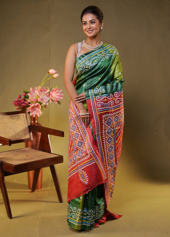 Maroon Handloom Kantha Stitch Pure Silk Saree With Blouse Piece