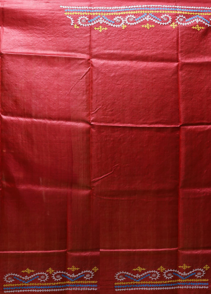 Maroon Handloom Kantha Stitch Pure Silk Saree With Blouse Piece