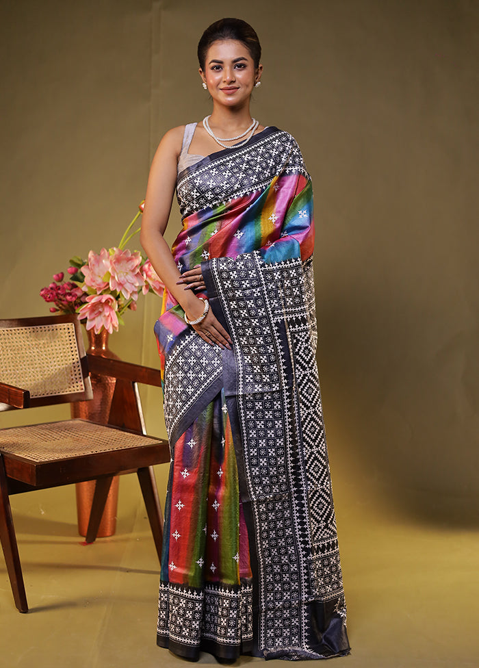 Grey Handloom Kantha Stitch Pure Silk Saree With Blouse Piece