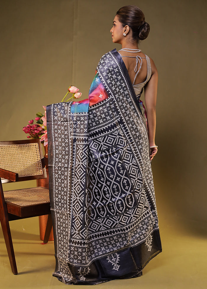 Grey Handloom Kantha Stitch Pure Silk Saree With Blouse Piece