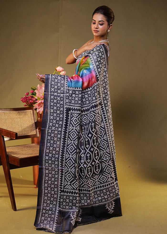 Grey Handloom Kantha Stitch Pure Silk Saree With Blouse Piece