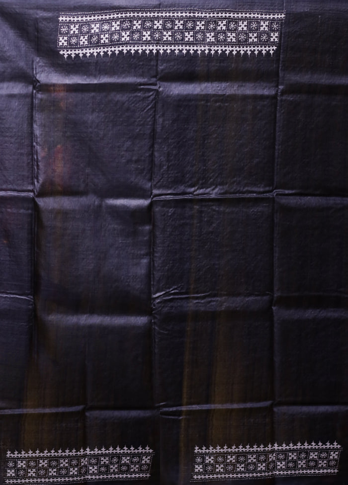 Grey Handloom Kantha Stitch Pure Silk Saree With Blouse Piece