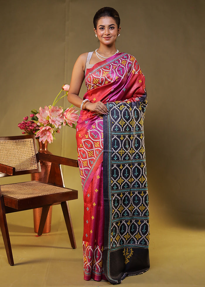 Black Handloom Kantha Stitch Pure Silk Saree With Blouse Piece