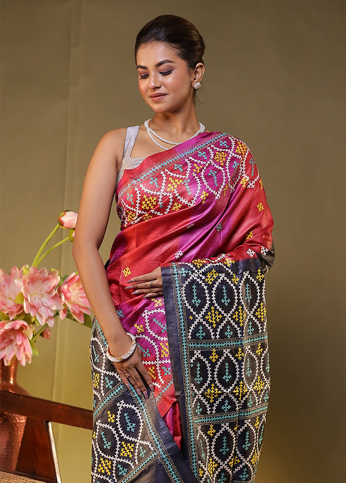 Black Handloom Kantha Stitch Pure Silk Saree With Blouse Piece