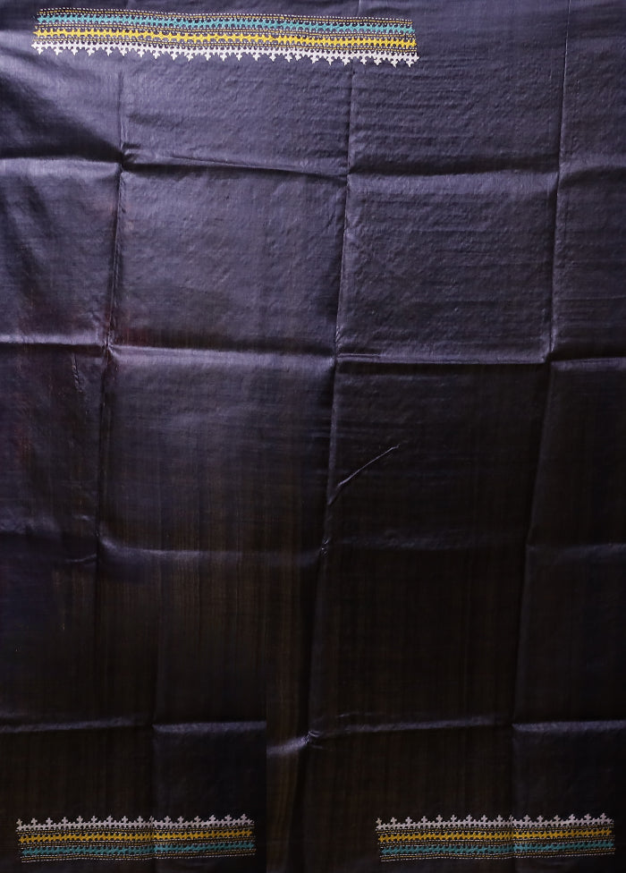 Black Handloom Kantha Stitch Pure Silk Saree With Blouse Piece