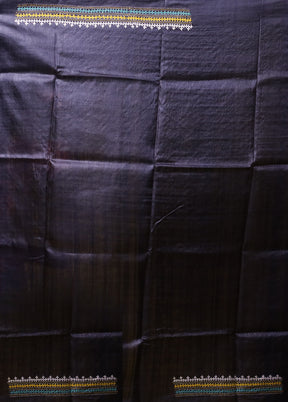 Black Handloom Kantha Stitch Pure Silk Saree With Blouse Piece