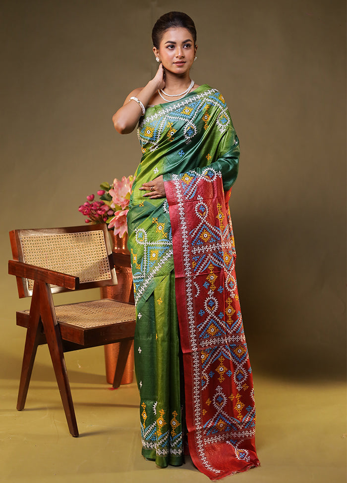 Maroon Handloom Kantha Stitch Pure Silk Saree With Blouse Piece