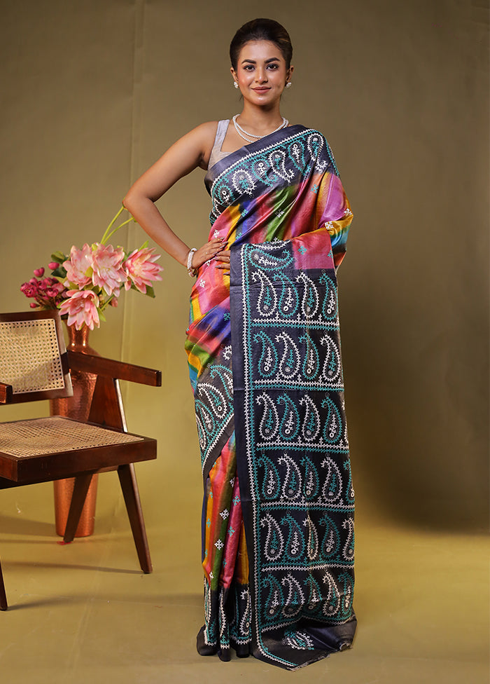 Grey Handloom Kantha Stitch Pure Silk Saree With Blouse Piece