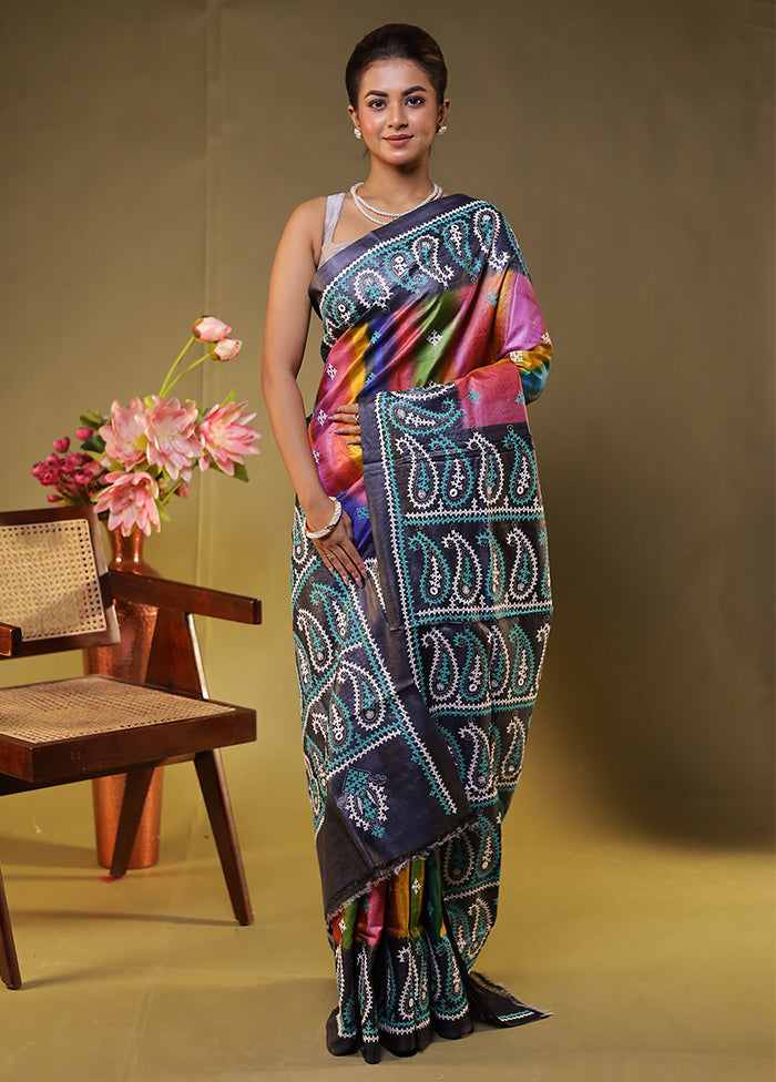 Grey Handloom Kantha Stitch Pure Silk Saree With Blouse Piece
