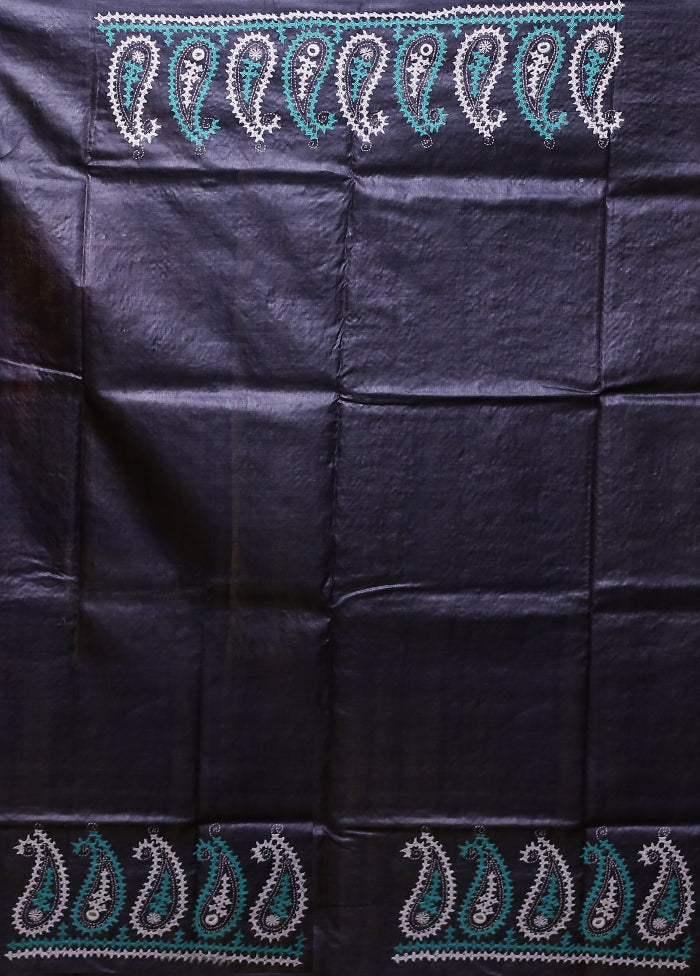 Grey Handloom Kantha Stitch Pure Silk Saree With Blouse Piece