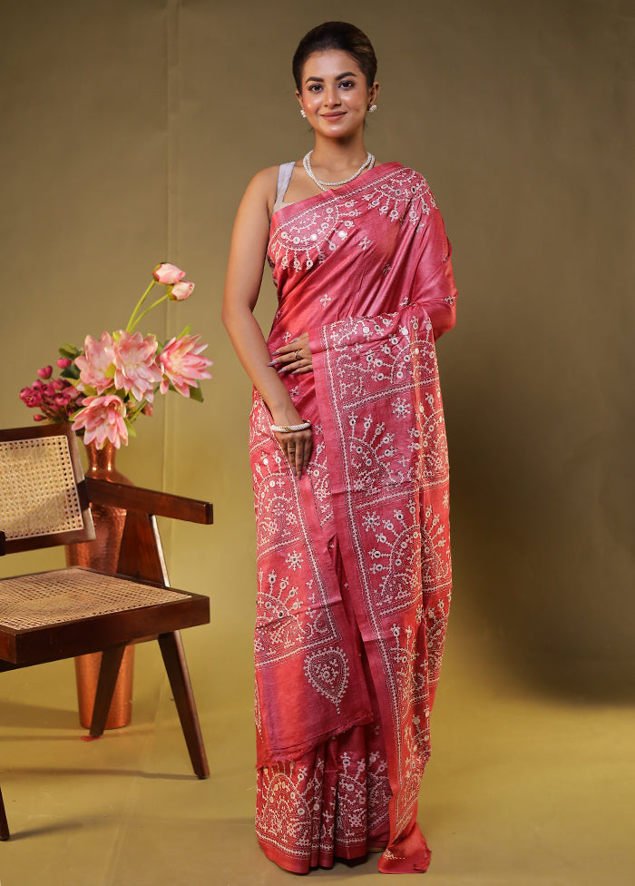 Pink Handloom Kantha Stitch Pure Silk Saree With Blouse Piece