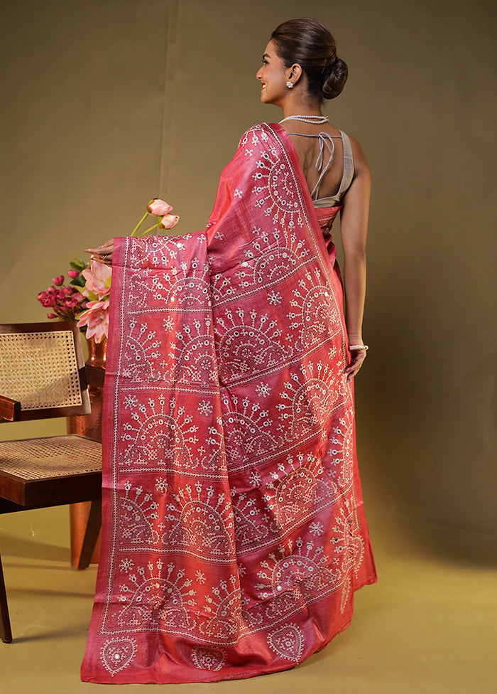 Pink Handloom Kantha Stitch Pure Silk Saree With Blouse Piece