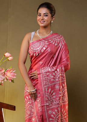 Pink Handloom Kantha Stitch Pure Silk Saree With Blouse Piece
