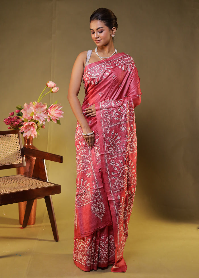 Pink Handloom Kantha Stitch Pure Silk Saree With Blouse Piece