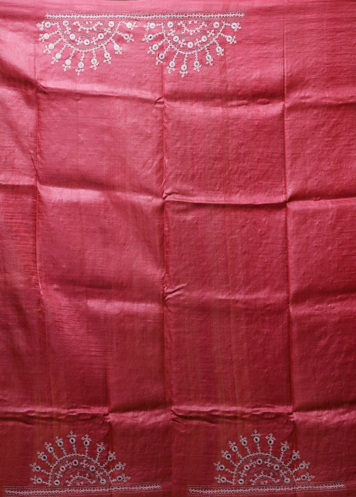 Pink Handloom Kantha Stitch Pure Silk Saree With Blouse Piece
