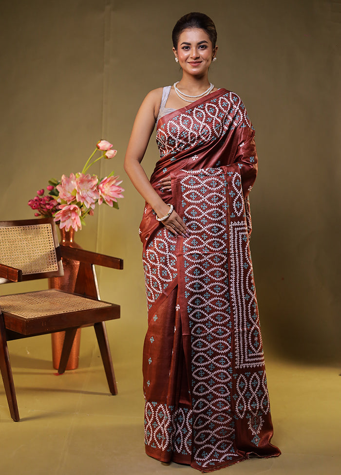 Maroon Handloom Kantha Stitch Pure Silk Saree With Blouse Piece