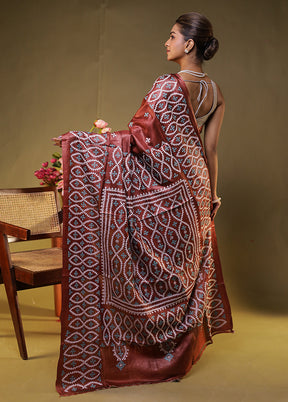 Maroon Handloom Kantha Stitch Pure Silk Saree With Blouse Piece