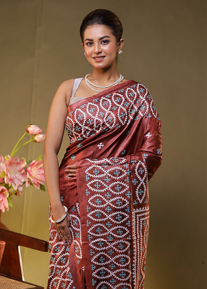 Maroon Handloom Kantha Stitch Pure Silk Saree With Blouse Piece