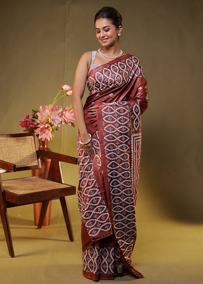 Maroon Handloom Kantha Stitch Pure Silk Saree With Blouse Piece