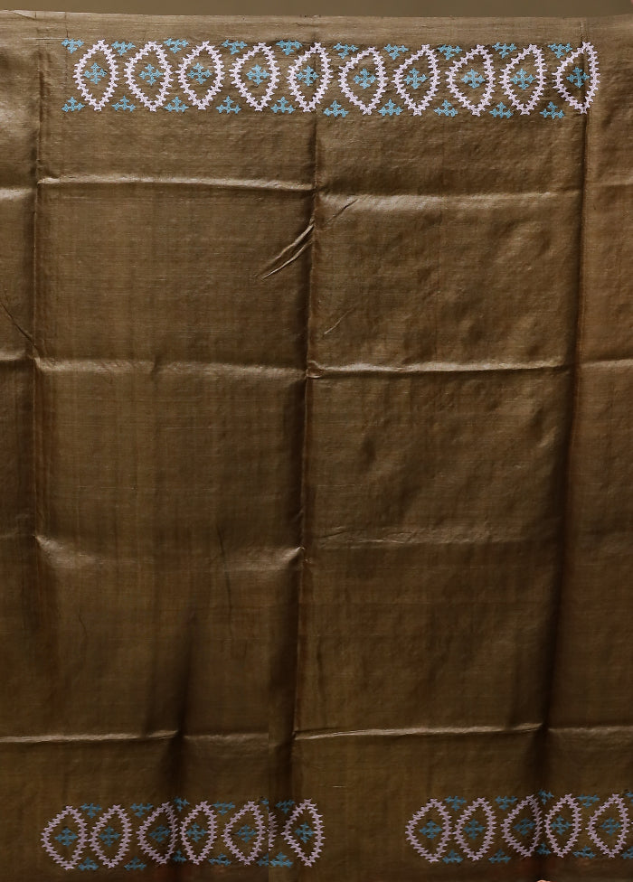 Maroon Handloom Kantha Stitch Pure Silk Saree With Blouse Piece