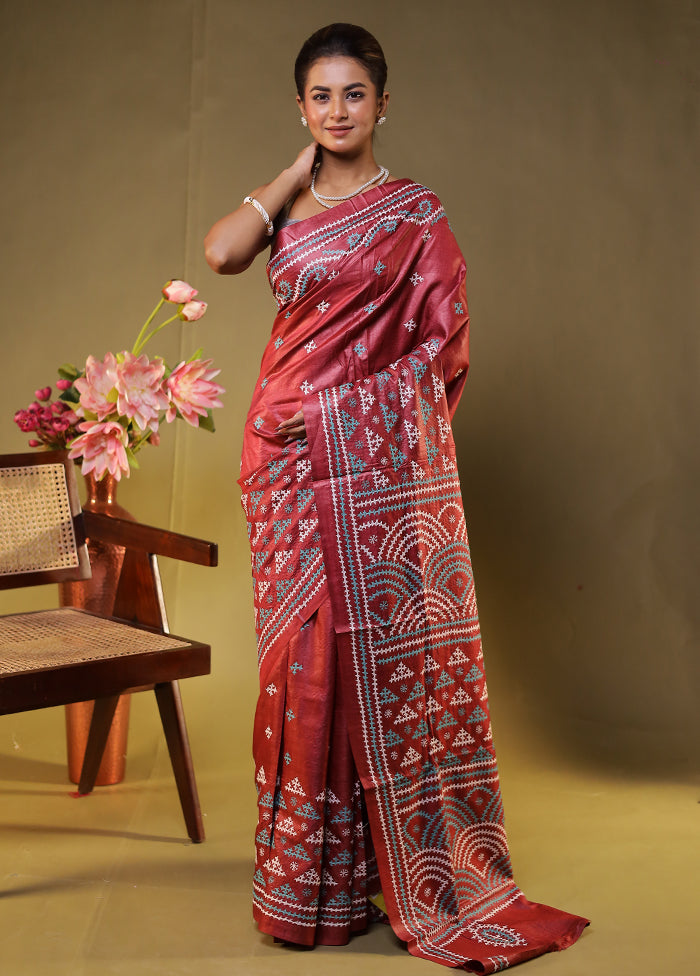 Maroon Handloom Kantha Stitch Pure Silk Saree With Blouse Piece