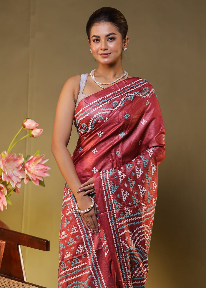 Maroon Handloom Kantha Stitch Pure Silk Saree With Blouse Piece