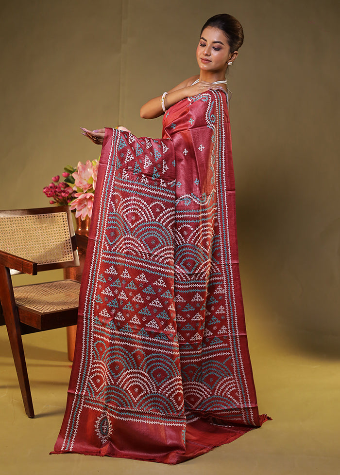 Maroon Handloom Kantha Stitch Pure Silk Saree With Blouse Piece