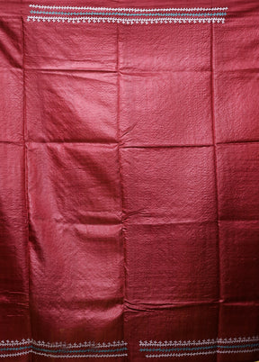 Maroon Handloom Kantha Stitch Pure Silk Saree With Blouse Piece