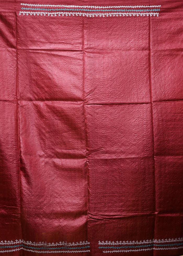 Maroon Handloom Kantha Stitch Pure Silk Saree With Blouse Piece