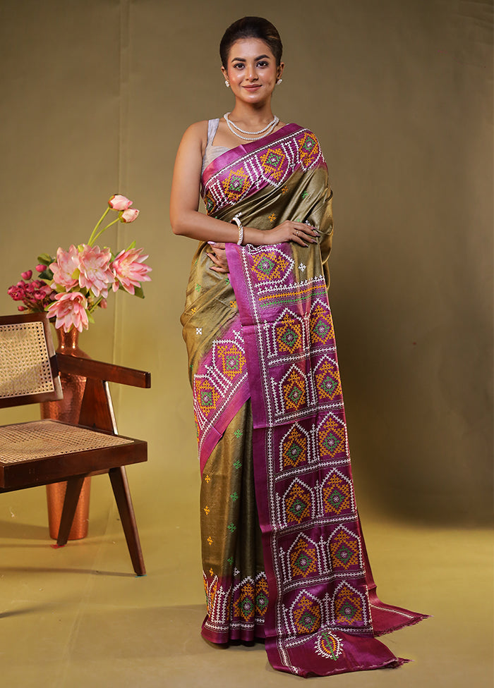 Pink Handloom Kantha Stitch Pure Silk Saree With Blouse Piece