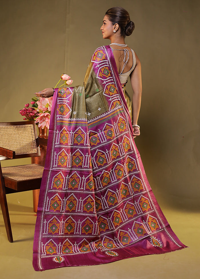 Pink Handloom Kantha Stitch Pure Silk Saree With Blouse Piece