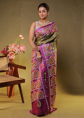 Pink Handloom Kantha Stitch Pure Silk Saree With Blouse Piece