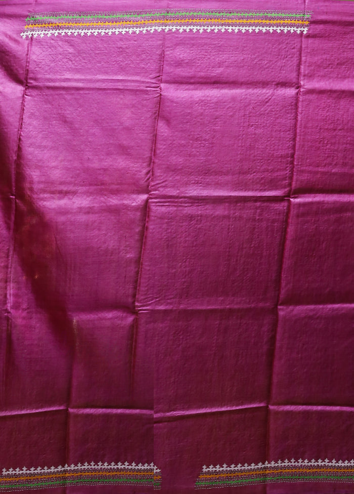 Pink Handloom Kantha Stitch Pure Silk Saree With Blouse Piece