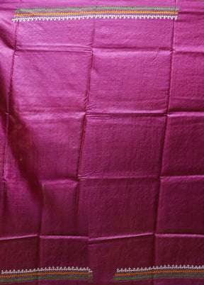 Pink Handloom Kantha Stitch Pure Silk Saree With Blouse Piece