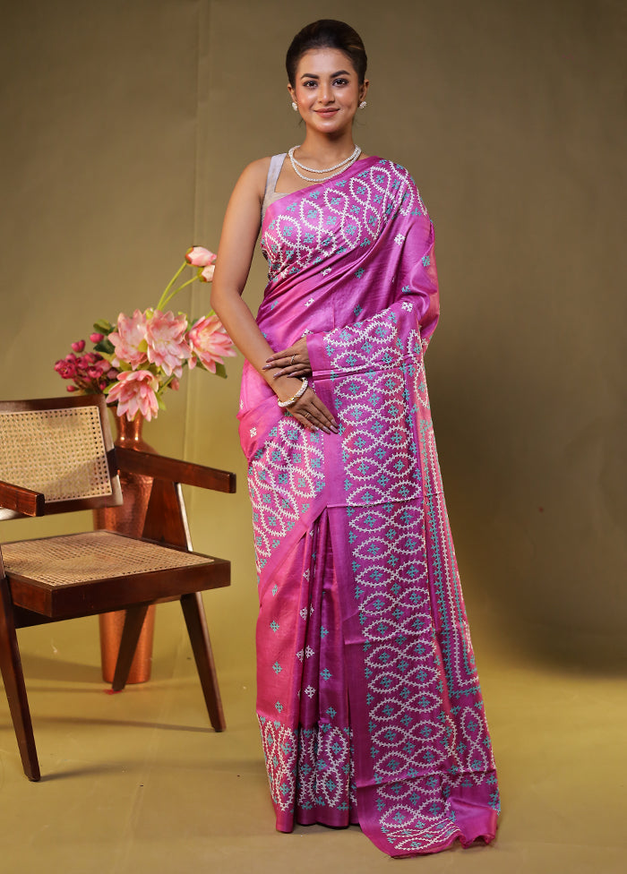 Pink Handloom Kantha Stitch Pure Silk Saree With Blouse Piece