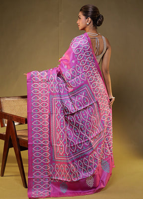 Pink Handloom Kantha Stitch Pure Silk Saree With Blouse Piece