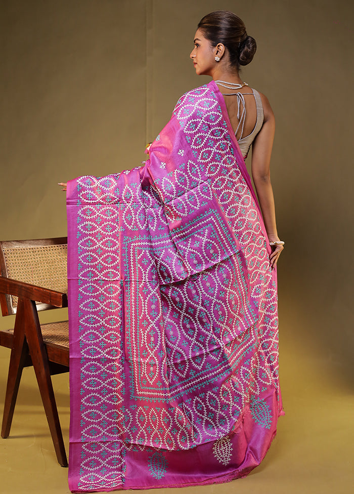 Pink Handloom Kantha Stitch Pure Silk Saree With Blouse Piece