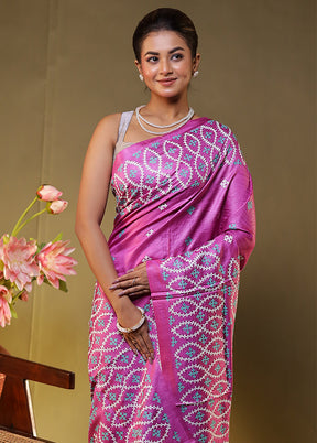 Pink Handloom Kantha Stitch Pure Silk Saree With Blouse Piece