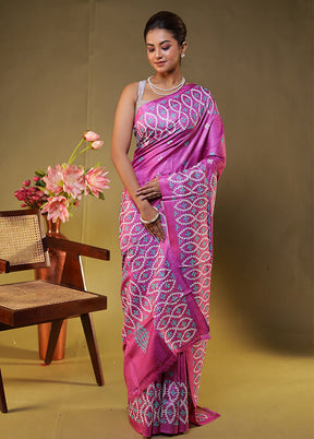Pink Handloom Kantha Stitch Pure Silk Saree With Blouse Piece