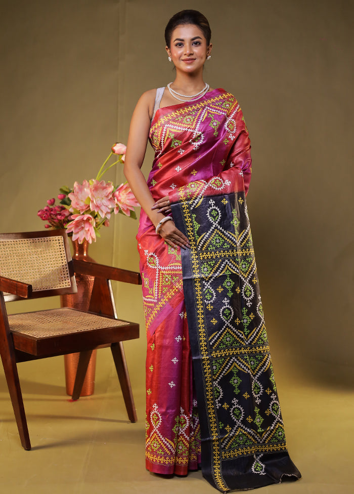 Black Handloom Kantha Stitch Pure Silk Saree With Blouse Piece