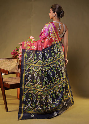 Black Handloom Kantha Stitch Pure Silk Saree With Blouse Piece